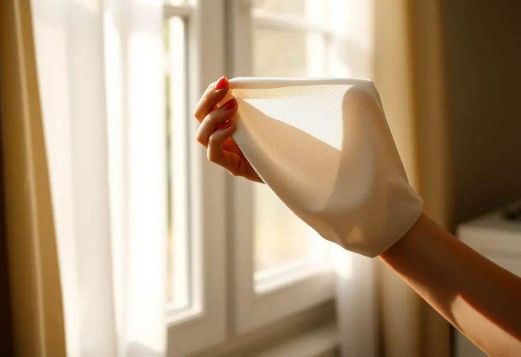 Une main féminine teste l'élasticité d'un morceau de tissu, lumière du matin