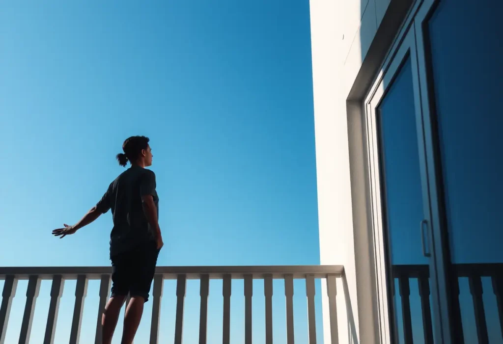 Silhouette d'une personne sur un balcon, représentant la liberté et l'acceptation de soi.