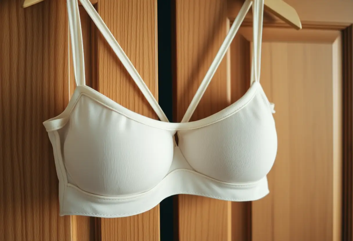 Un soutien-gorge bralette aux bretelles fines pend à une porte de placard en bois, soulignant sa simplicité et son confort