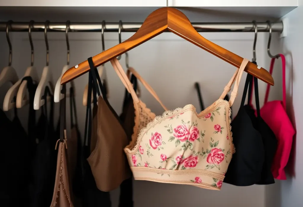 Un porte-vêtements en bois dans un placard bien organisé, évoquant le choix et le soin apporté aux sous-vêtements.