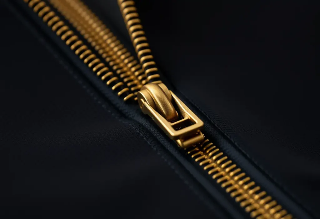 Fermeture éclair en métal sur fond sombre, soulignant la qualité et la durabilité du zip pour soutien-gorge, illustrant la nécessité de maintien robuste.