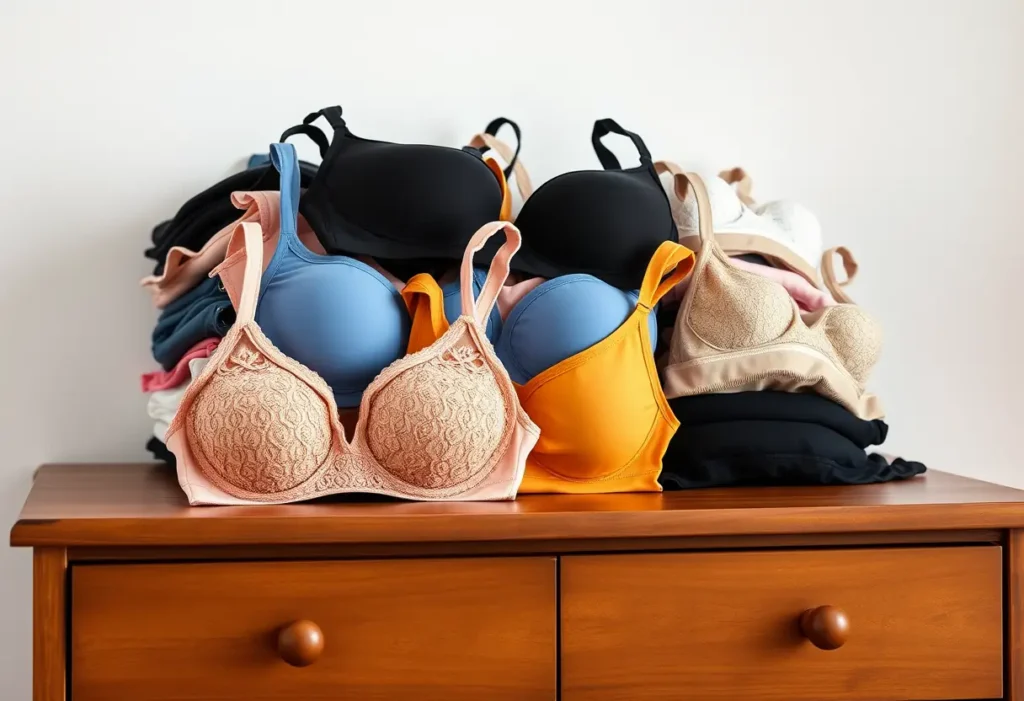 Un tas de soutiens-gorges de différentes formes et couleurs sur une commode en bois