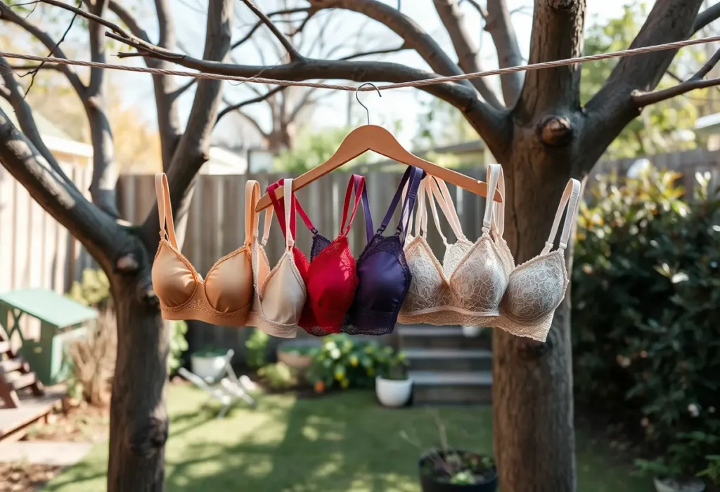 Des cintres de bois accrochent plusieurs soutiens-gorge de différentes couleurs sur une corde à linge entre deux arbres dans un jardin.
