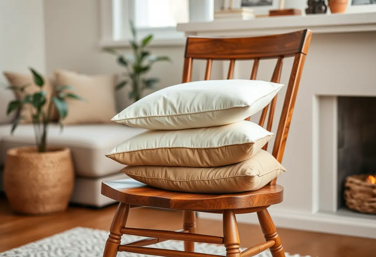 Un fauteuil en bois dans un salon accueillant, garni de coussins doux et carrés posés sur son siège.