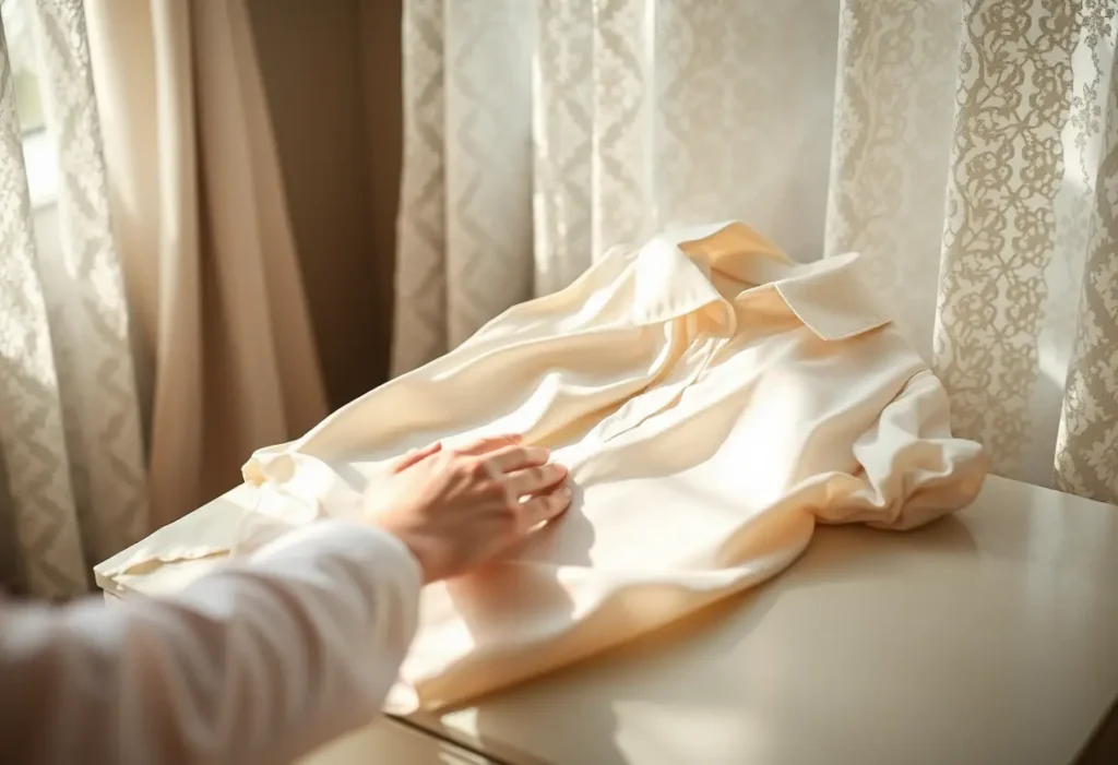 Main de femme lisant une blouse en soie dans sa chambre