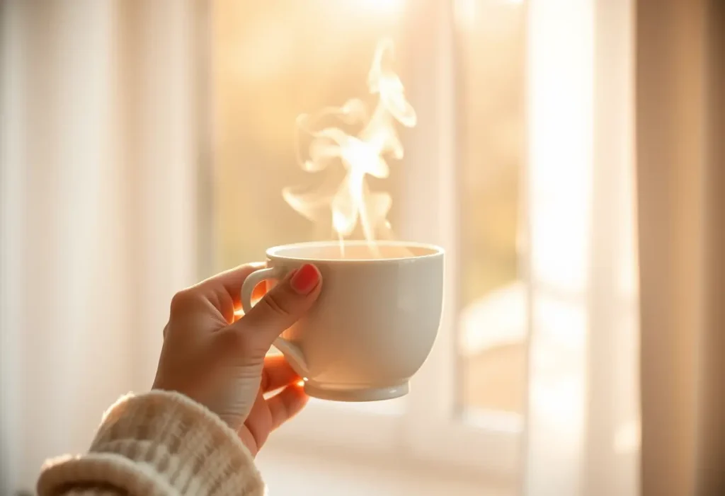 Une main tenant une tasse de thé chaud devant une fenêtre inondée de lumière, évoquant bien-être et sérénité.