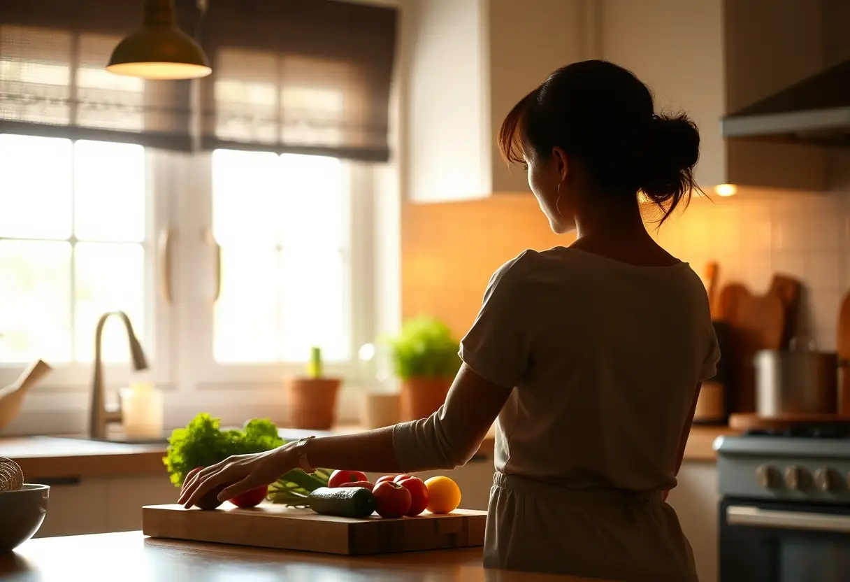 Un profil féminin dans une cuisine, la main posée sur un plan de travail de bois garni de légumes frais, baignés par la douce lumière de la pièce.