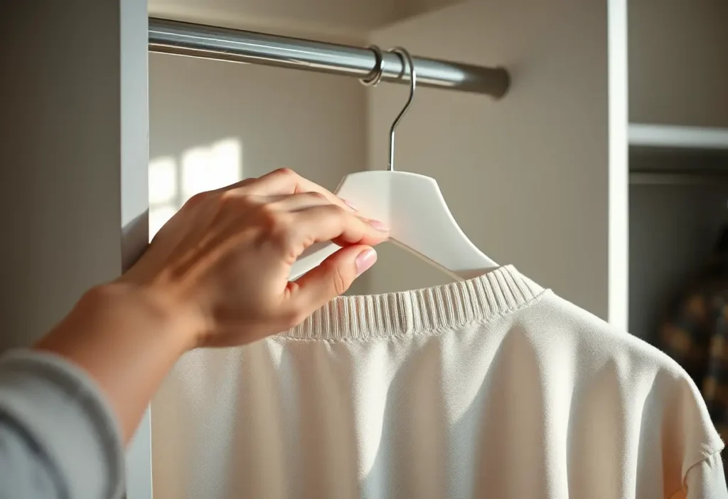 Main de femme ajustant un cintreuse en tissu dans un placard, soulignant la douceur du matériau