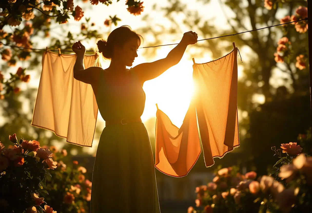 Silhouette de femme étalant le linge sous le soleil de l'après-midi, entourée de fleurs en fleur