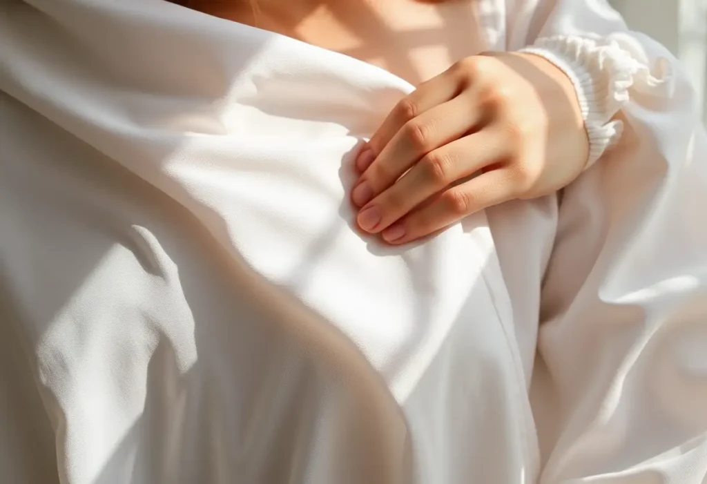 Une main féminine lisse doucement un chemisier en coton, symbolisant le confort et la simplicité.