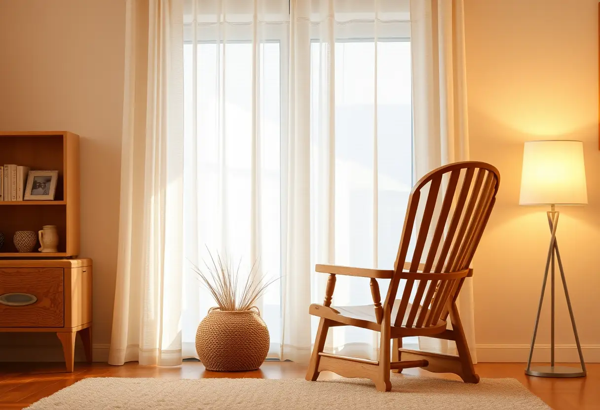 Un fauteuil en bois dans un salon accueillant, offrant un espace de détente pour la bien-être féminin.