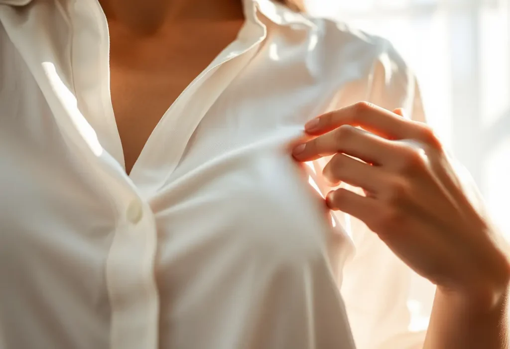 Une main lisse une ride dans une chemise en coton, lumière naturelle