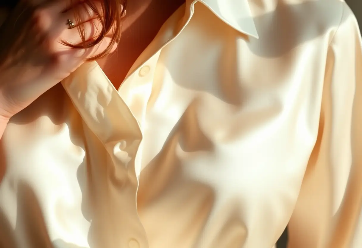 Une main lissant doucement une blouse en soie, symbolisant élégance et confort