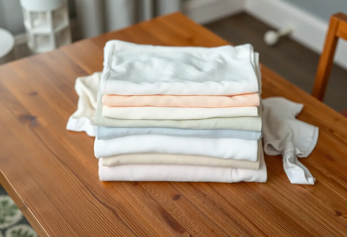Un plan incliné d'une table de cuisine avec des vêtements pliés en doux coloris pastels, symbolisant les options de soutien-gorge sous des vêtements blancs.