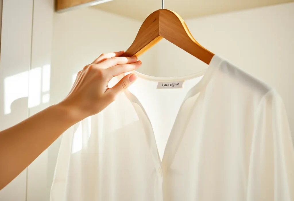 Une main lisant une blouse blanche accrochée dans un placard bien éclairé