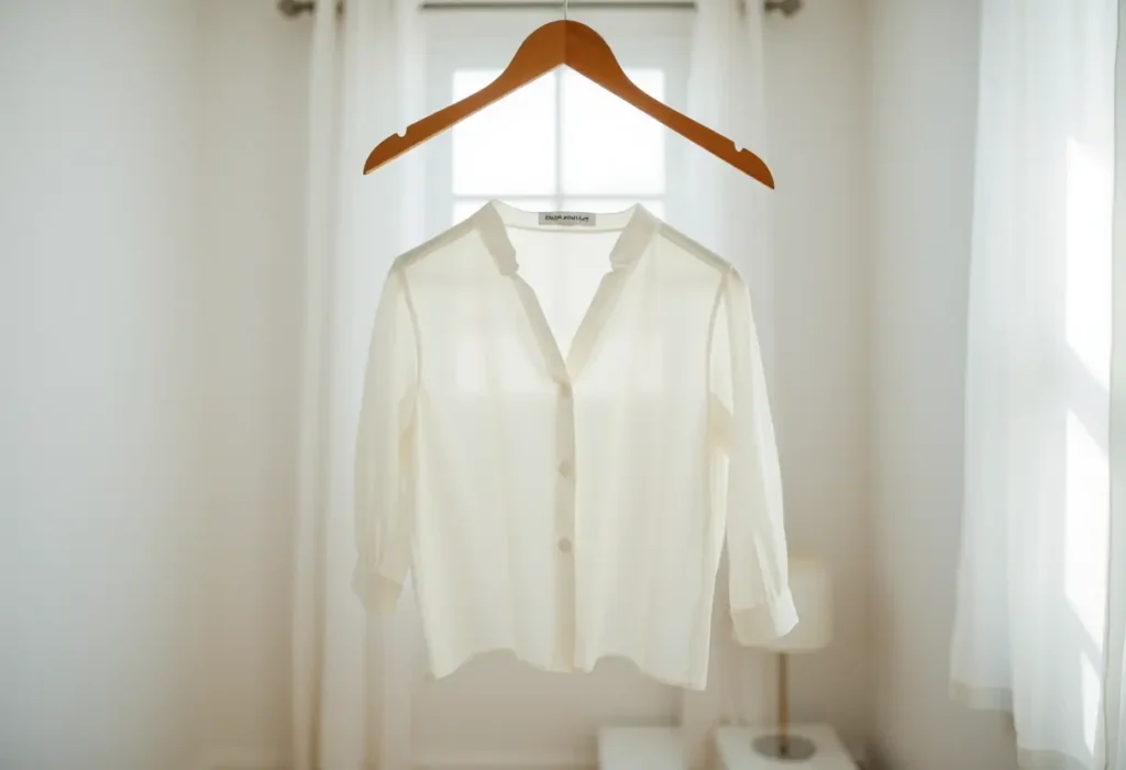 Une chemise blanche accrochée à un cintre en bois, soulignant l'équilibre subtil entre transparence et invisibilité