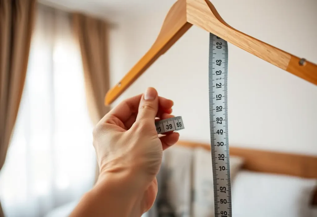 Une main féminine tenant un mètre ruban autour d'un cintreuse dans une chambre