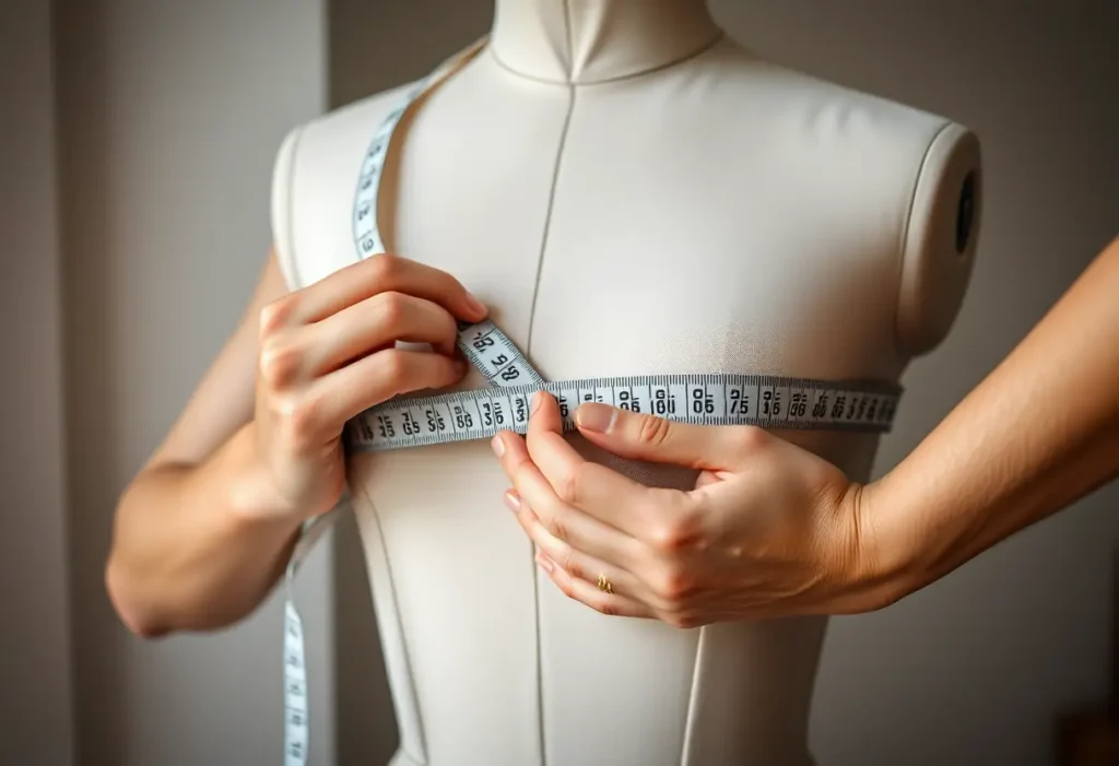 Des mains mesurant le tour de poitrine sur un mannequin, soulignant l'importance de la taille correcte