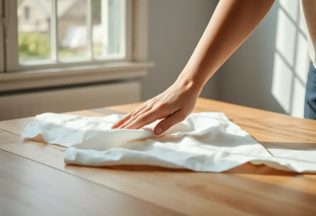 Une main lisse un morceau de tissu en coton sur une table, évoquant douceur et bien-être
