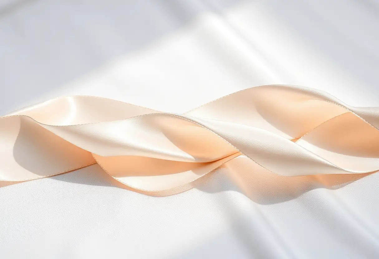 Un ruban en satin posé sur un tissu blanc, soulignant sa brillance luxueuse, évoquant confort et bien-être