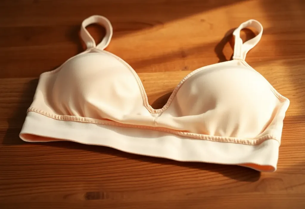 Un top brassière posé sur une commode en bois, soulignant la douceur de son tissu et l'absence de ressorts inconfortables.