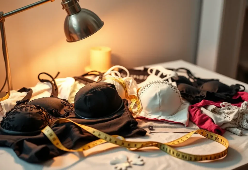 Un mètre ruban repose sur un bureau avec divers vêtements, dont plusieurs soutiens-gorge de différentes tailles.