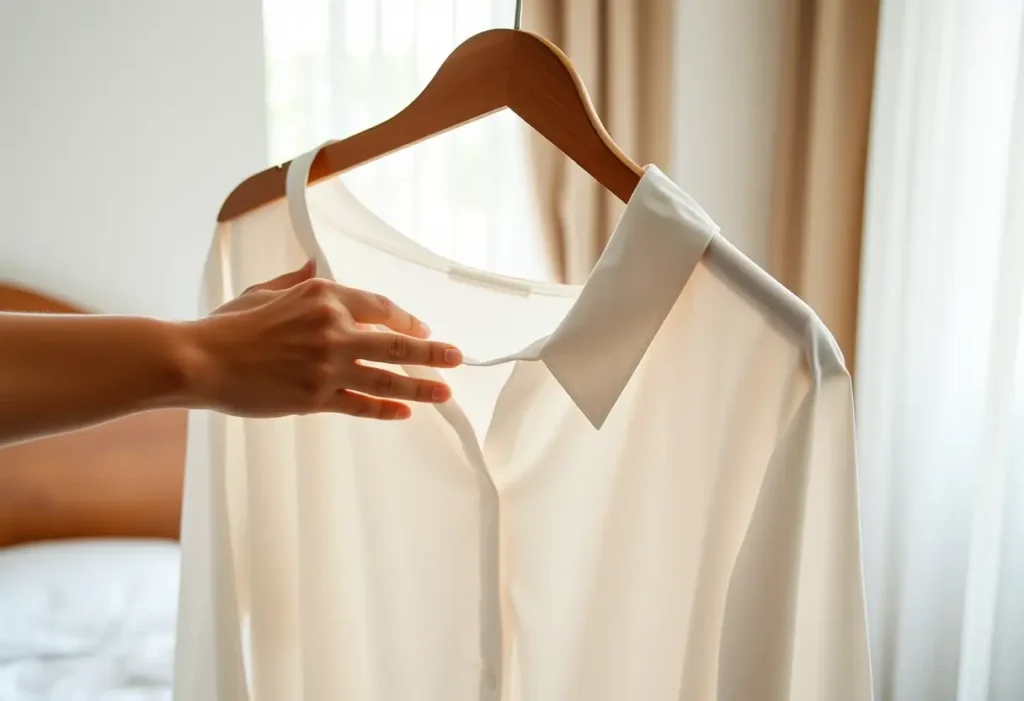 Une main féminine repasse délicatement un chemisier bien repassé dans une chambre accueillante.
