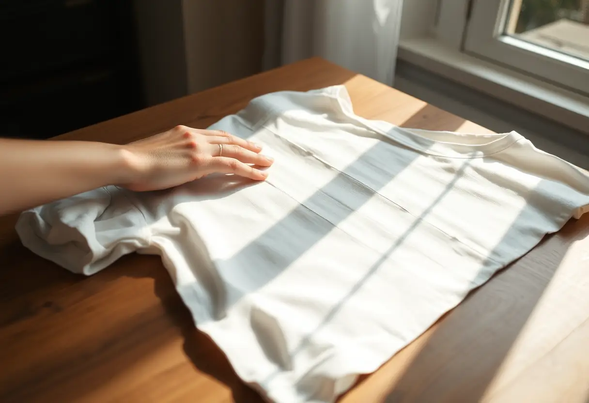 Une main féminine repasse doucement une blouse sur un bureau en bois, mettant en valeur la texture du tissu