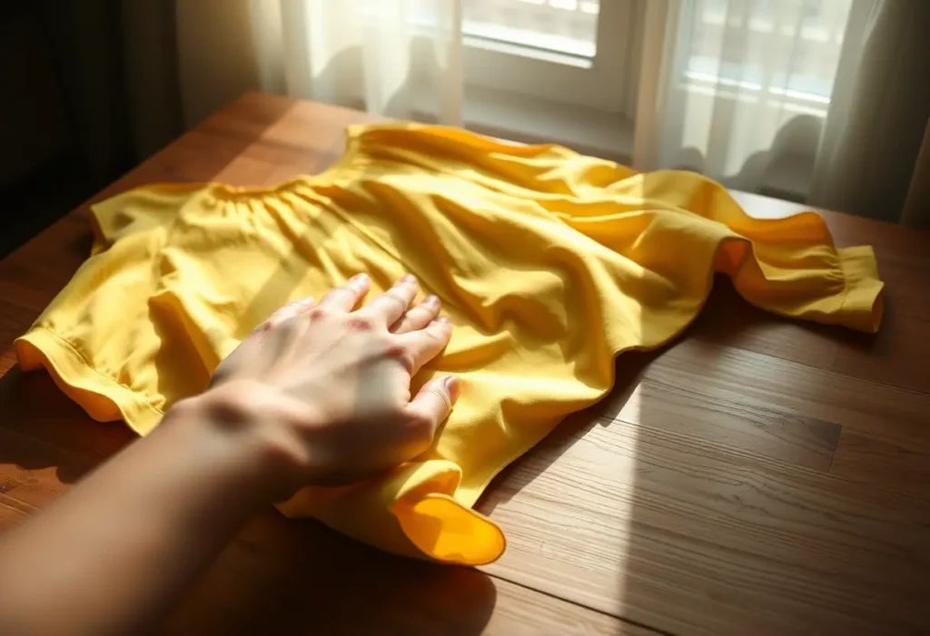 Main focus sur une main qui ajuste une chemise jaune.