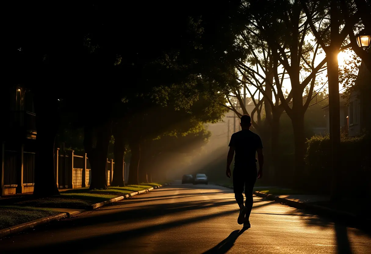 Silhouette d'une personne marchant dans une rue ombragée, soulignant l'importance de la discrétion du soutien-gorge