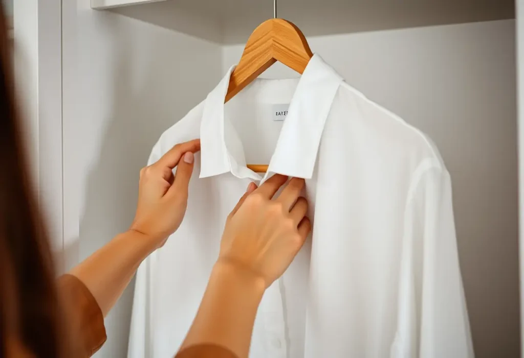 Main dans la lumière d'un dressing, ajustant une chemise blanche