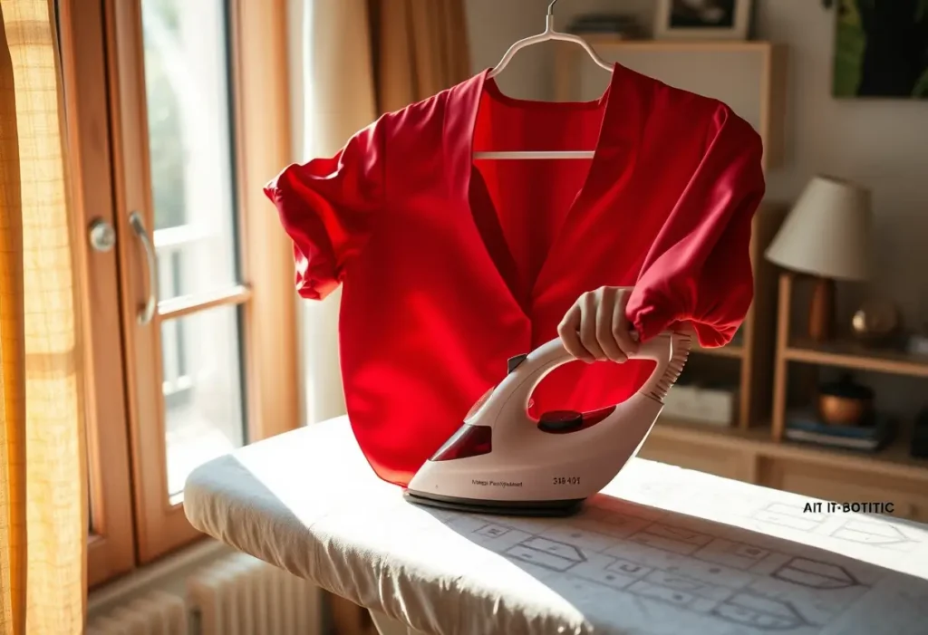 Main: une main féminine repasse une blouse rouge en soie dans un bureau accueillant.