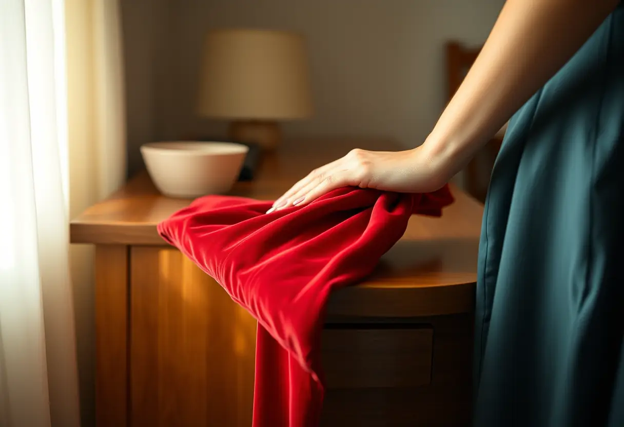 Detail: une main dépose avec soin une robe en velours rouge sur une commode en bois.