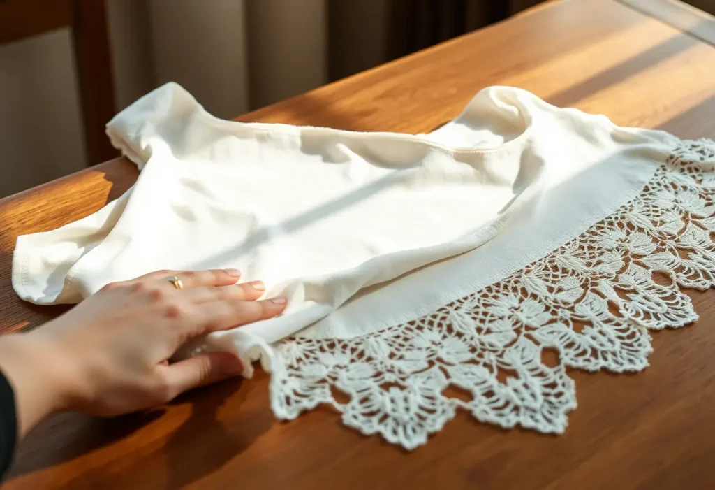 Une main féminine étalant un vêtement en dentelle sur une table en bois, lumière du matin douce