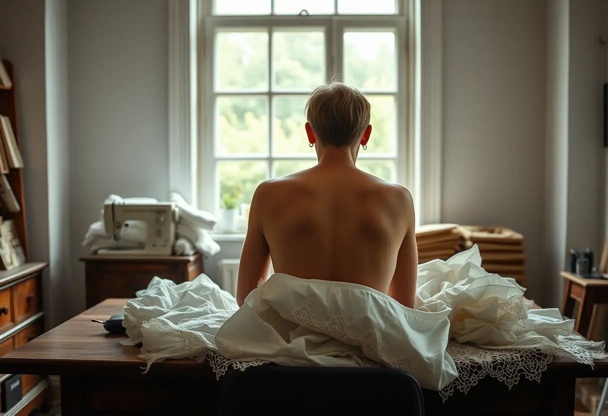 Une silhouette assise à un bureau avec une machine à coudre et un tas de tissus, y compris de la dentelle et du coton, la pièce baignée de lumière naturelle entrant par une grande fenêtre