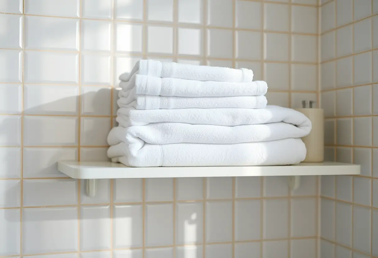 Stacks de serviettes pliées dans une salle de bain, mettant en valeur le confort et l'harmonie.