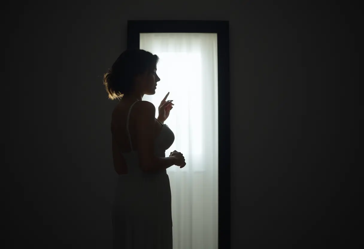 Un reflet d'une femme devant un miroir, examinant son soutien-gorge, question de taille et d'adaptation