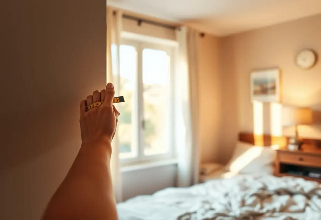 Main de femme tenant une règle à mesure sur un mur dans une chambre accueillante