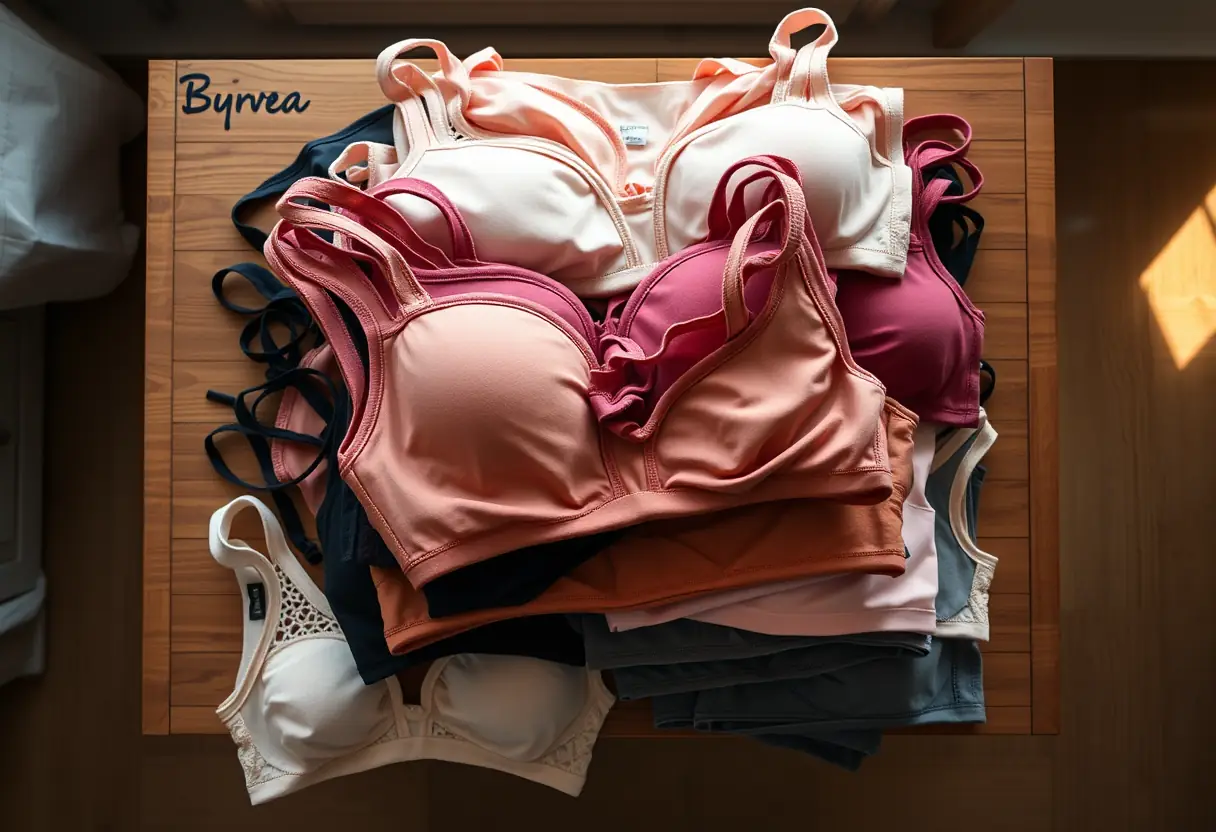 Un amoncellement ordonné de soutiens-gorge de différentes tailles et couleurs sur une commode, éclairé par la lumière naturelle
