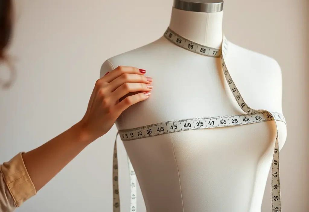 Main de femme posant une règle sur un mannequin de couturière pour mesurer la poitrine