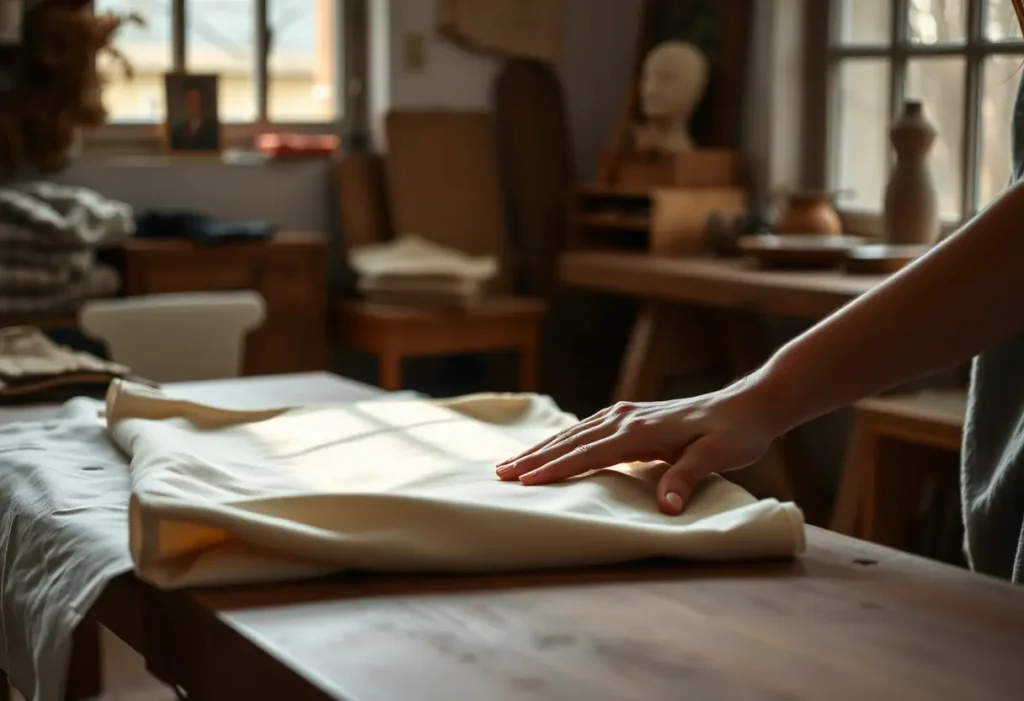 Main de femme lisant une étagère avec des tissus dans un atelier chaleureux