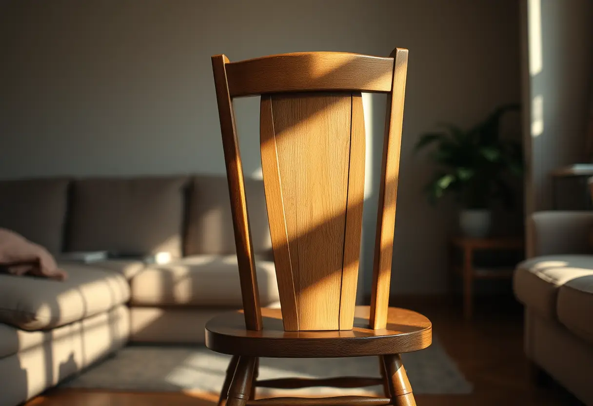 Fauteuil de bois dans un salon, légèrement affaissé, éclairé par la lumière du soir