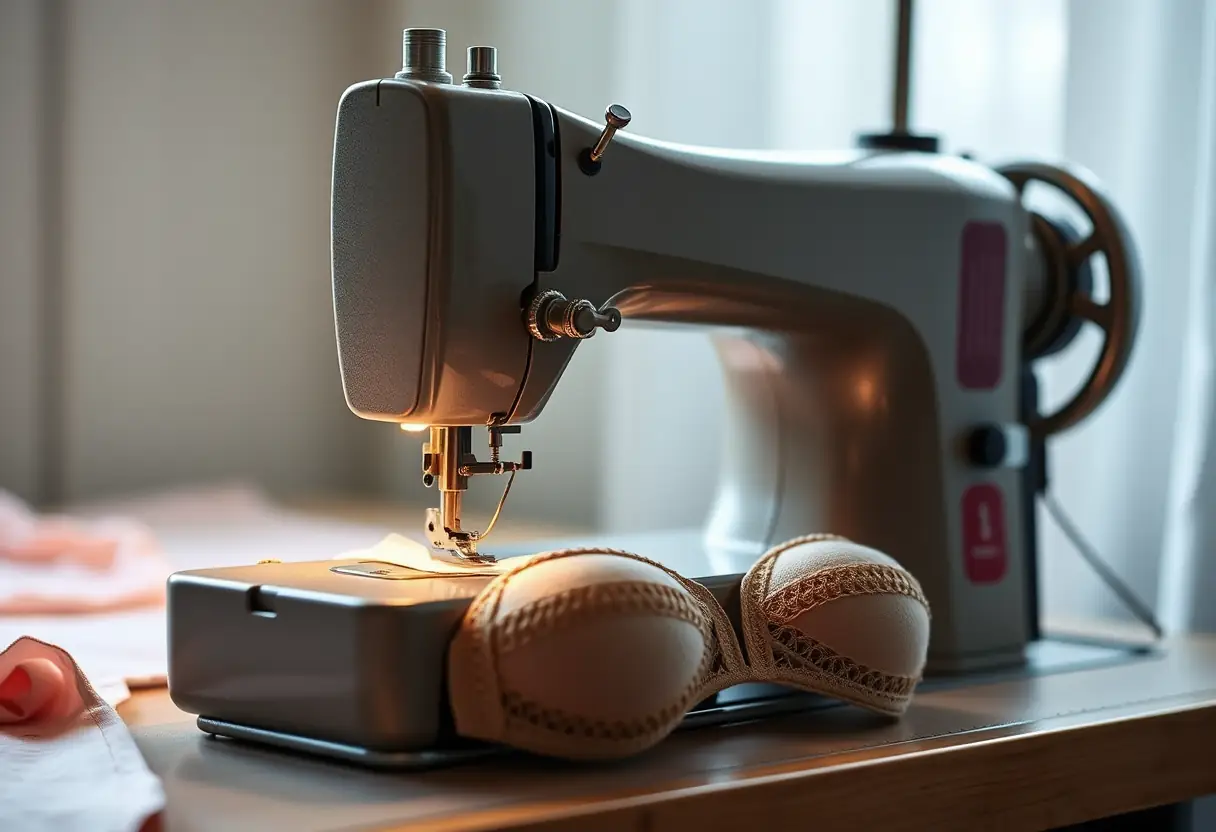 Une machine à coudre avec son fil, mettant en valeur le travail artisanal et la précision dans la confection de sous-vêtements bien ajustés.