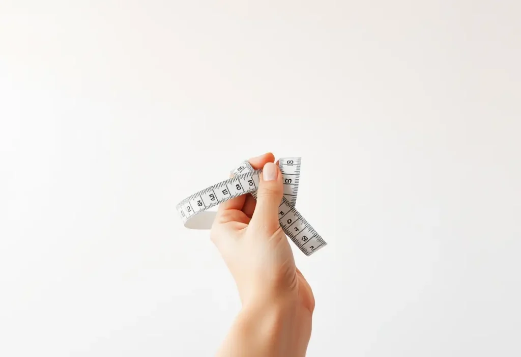 Main de femme tenant un mètre ruban en coton blanc pour mesurer sa taille