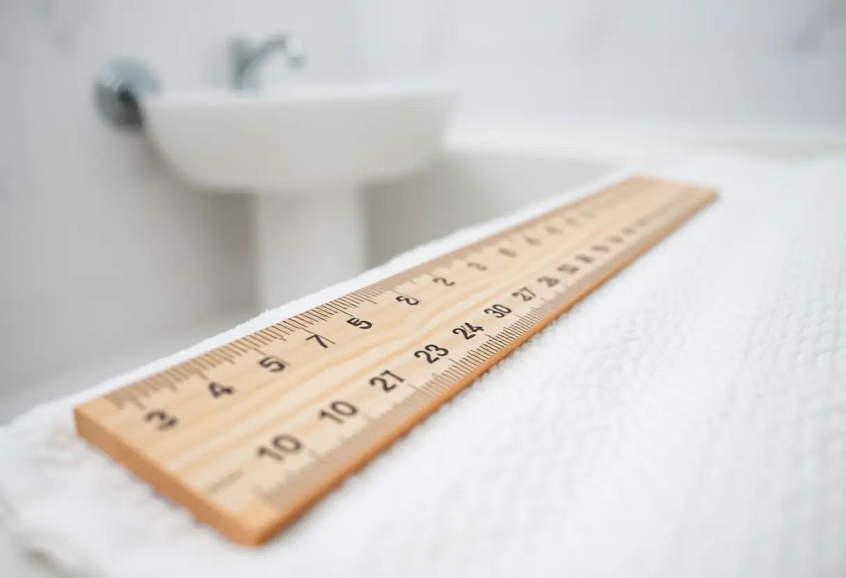Règle en bois posée sur une serviette blanche dans une salle de bains pour mesurer les tailles