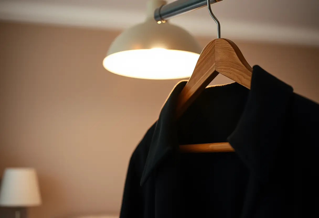 Cintre en bois avec un manteau noir, contexte de l'article sur la sélection du bonnet de soutien-gorge