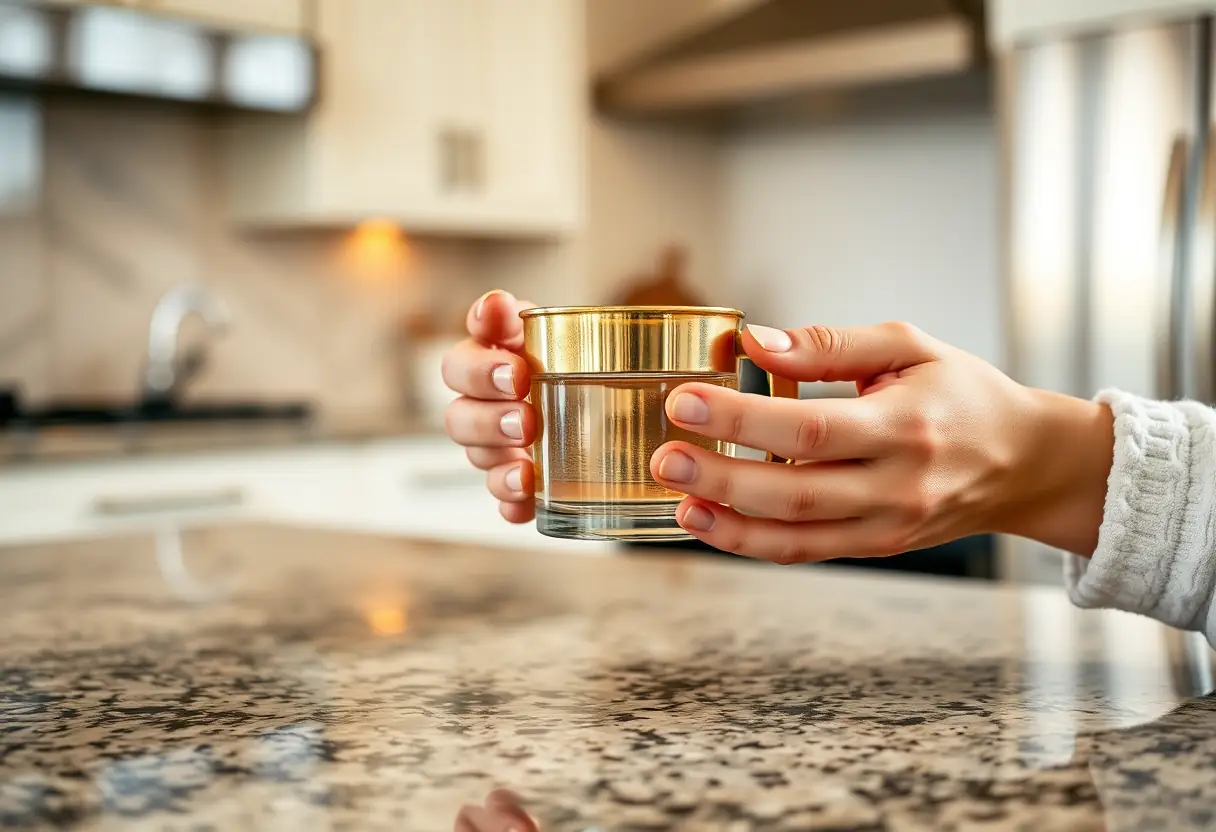 Des mains tenant délicatement une mesure en cuivre remplie d'eau sur un plan de travail en granit, dans une cuisine moderne