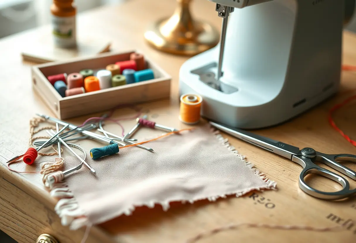 Coffre à couture avec divers outils de couture, soulignant l'importance de l'ajustement personnalisé pour un confort optimal.