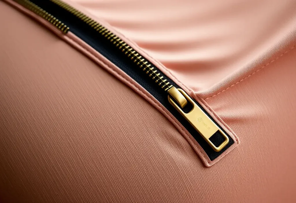 Zipper en métal glissant sur un élastique, représentation des fonctionnalités réglables des soutiens-gorge de maternité, illustration du confort nécessaire.