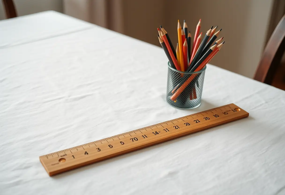 Un règle en bois posée sur un tissu blanc avec un verre de crayons près, éclairé naturellement, symbolisant la précision dans les mesures.